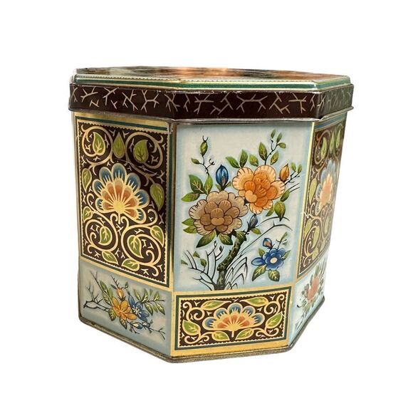 VTG Daher Octagonal English Biscuit Tin Box Holder 109 Trinket Made In England - Picture 2 of 8